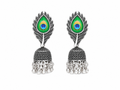 Peacock Feather Oxidized Silver Jhumka Earrings for Women