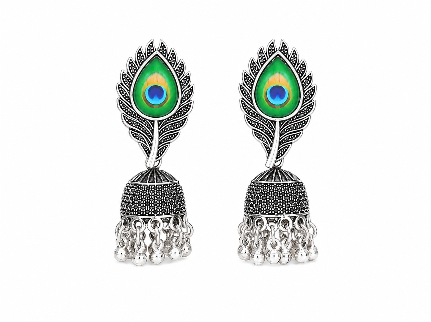 Peacock Feather Oxidized Silver Jhumka Earrings for Women