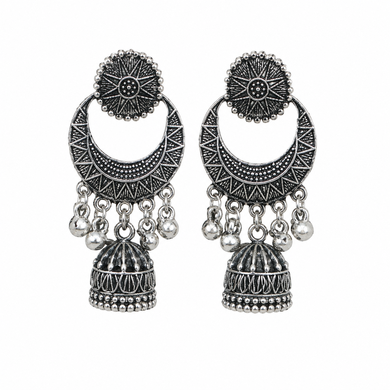 Oxidized Silver Chandbali Jhumka Earrings for Women