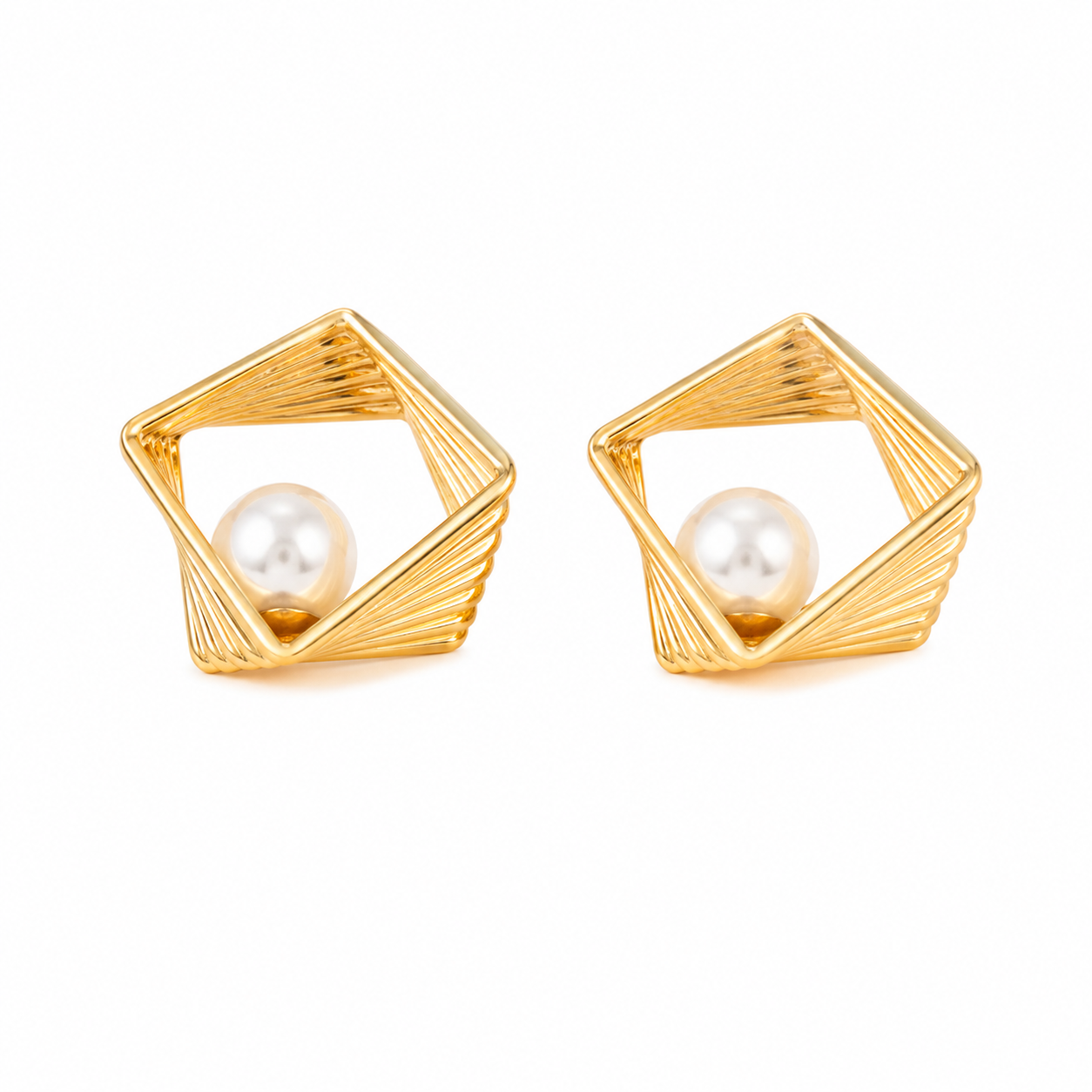 Gold-Tone Geometric Pearl Stud Earrings for Women