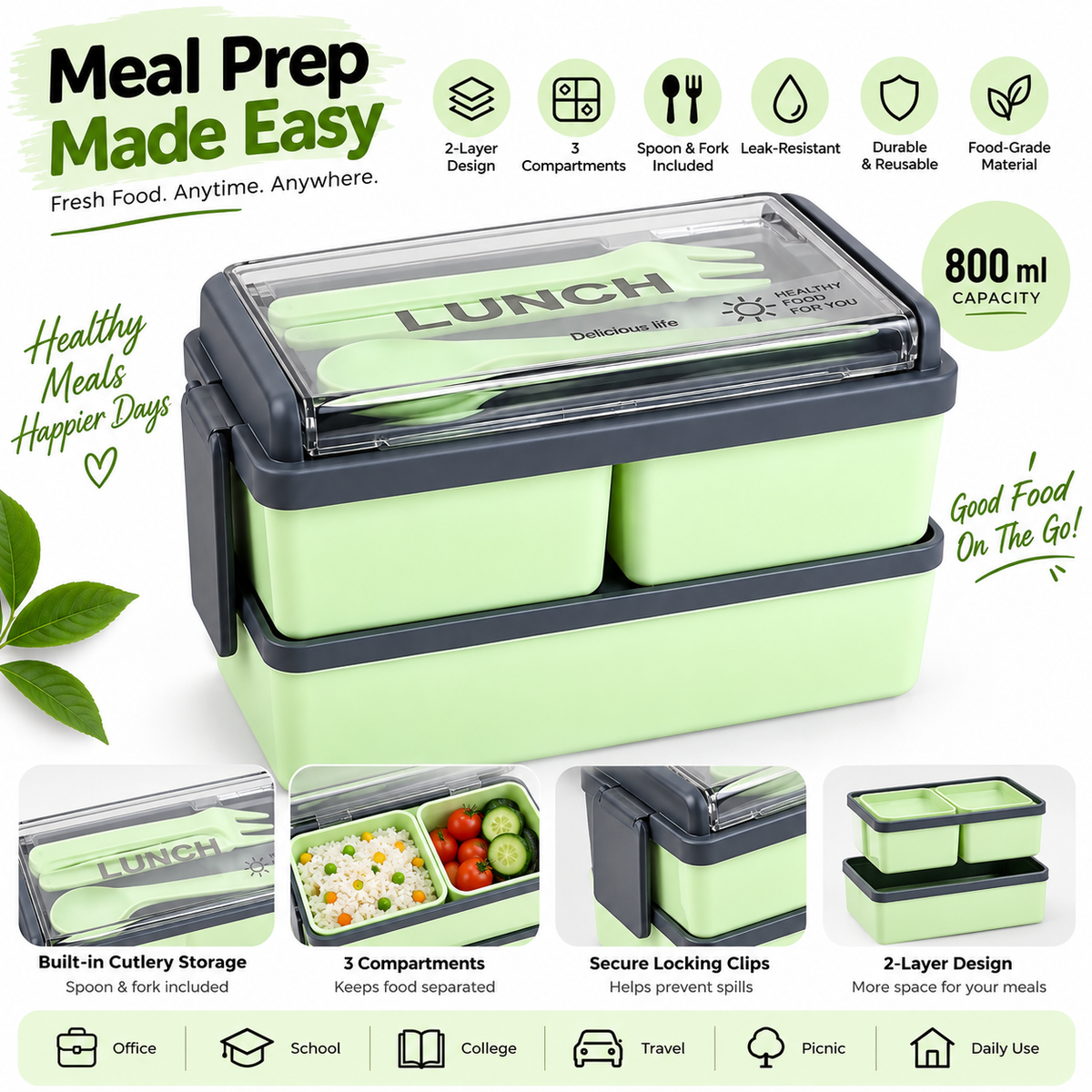 Lievon 800ml 2-Layer Bento Lunch Box