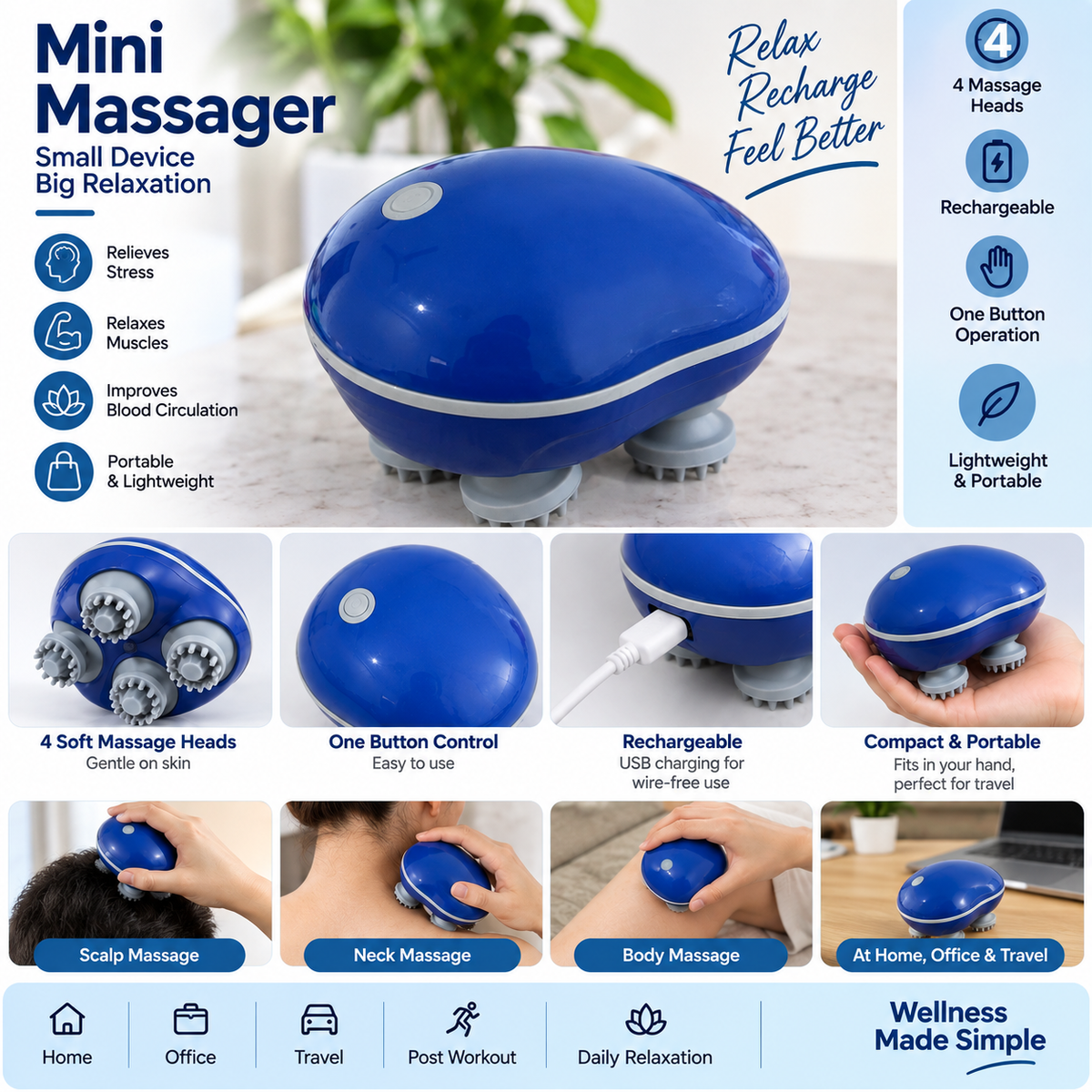Lievon Mini Electric Scalp & Body Massager (Multiple Colours)